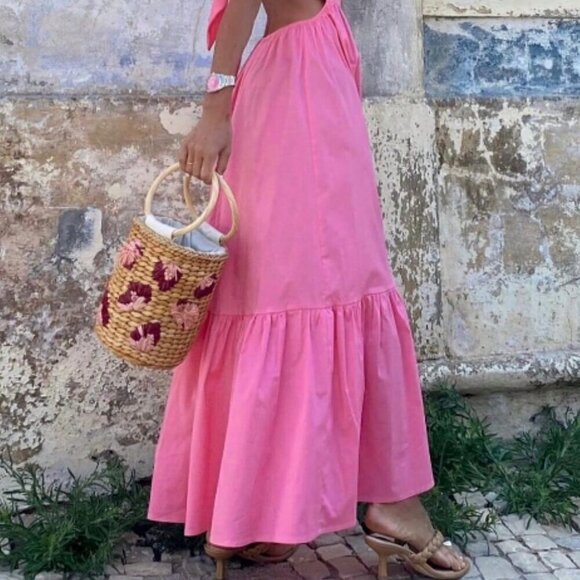 Pink Casual Women's Summer Holiday Solid Color Square Neck Puff Sleeve Dress - Picture 4 of 4